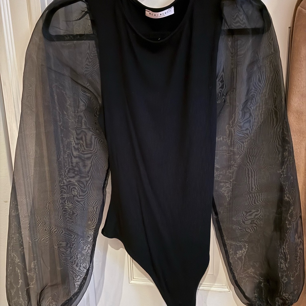 Black bodysuit with mesh long sleeve